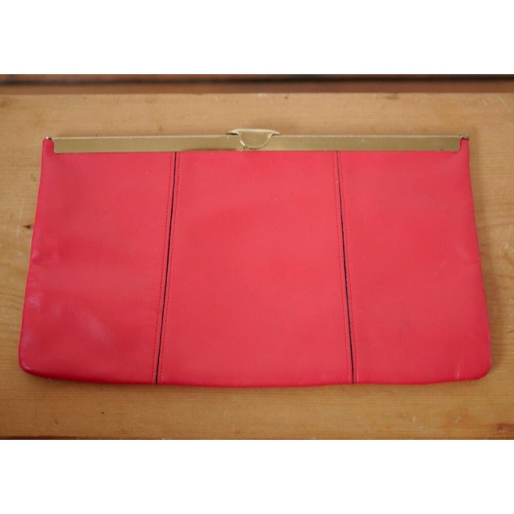 Vintage 50s ETRA Red Leather Grosgrain Lined Brass Clutch Small Purse w/ Chain